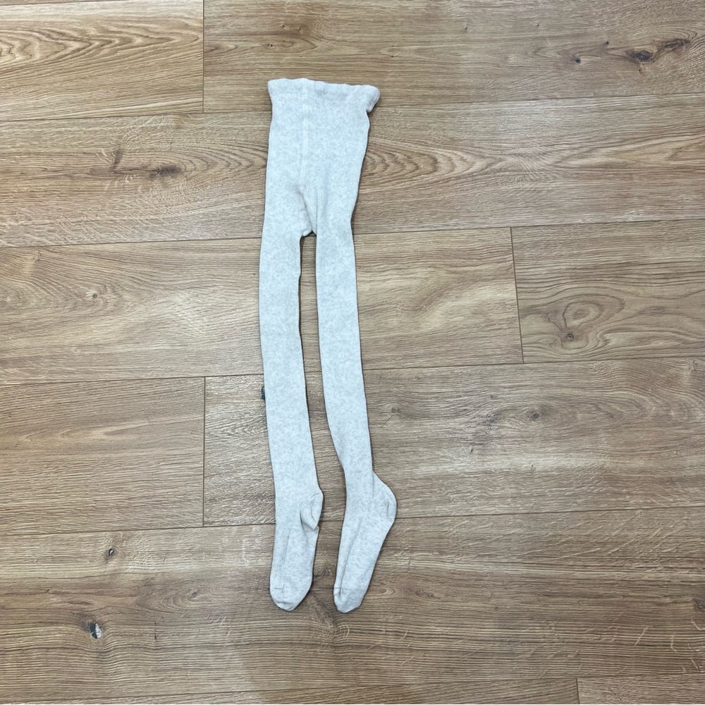 Hanna Andersson Light Gray Heathered/Cream Footed Tights Fine Ribbed Sz 100 US 4